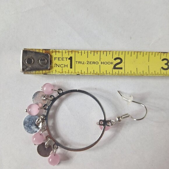 Silver Tone Hoop Earrings With Pink Beads - Picture 4 of 4